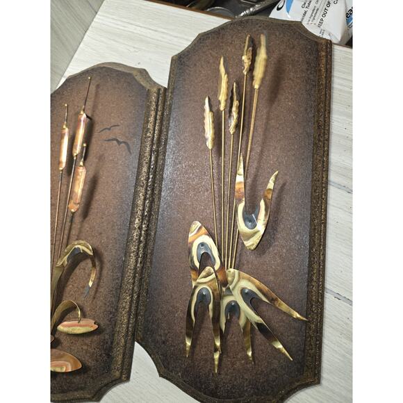Vintage 70s Brass Wood Cattail Wall Plaques Set Of 2 Mid Century Modern - Picture 7 of 11